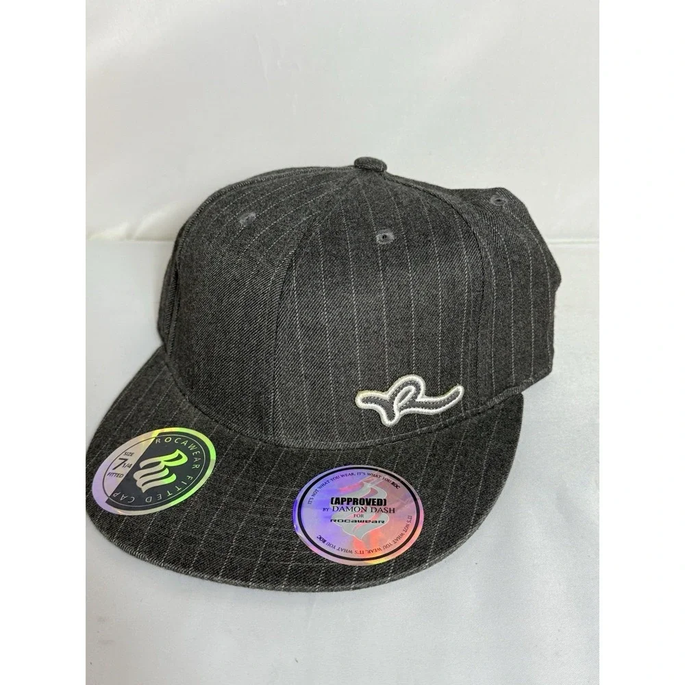 Rocawear Fitted  Cap Hat NWT, Heather Gray With Pinstripe Fitted Size 7 1/4 Y2K
